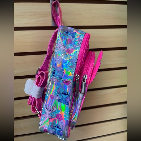 Disney Stitch and Angel Mini Holographic Backpack with Pink Sequence - Picture 2 of 7
